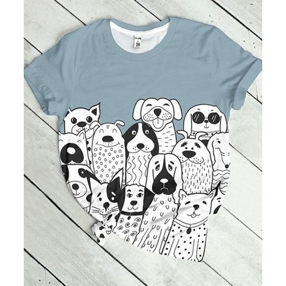 Tops - Light Blue & White Dogs Furry Friends Crewneck Short Sleeve Tee S